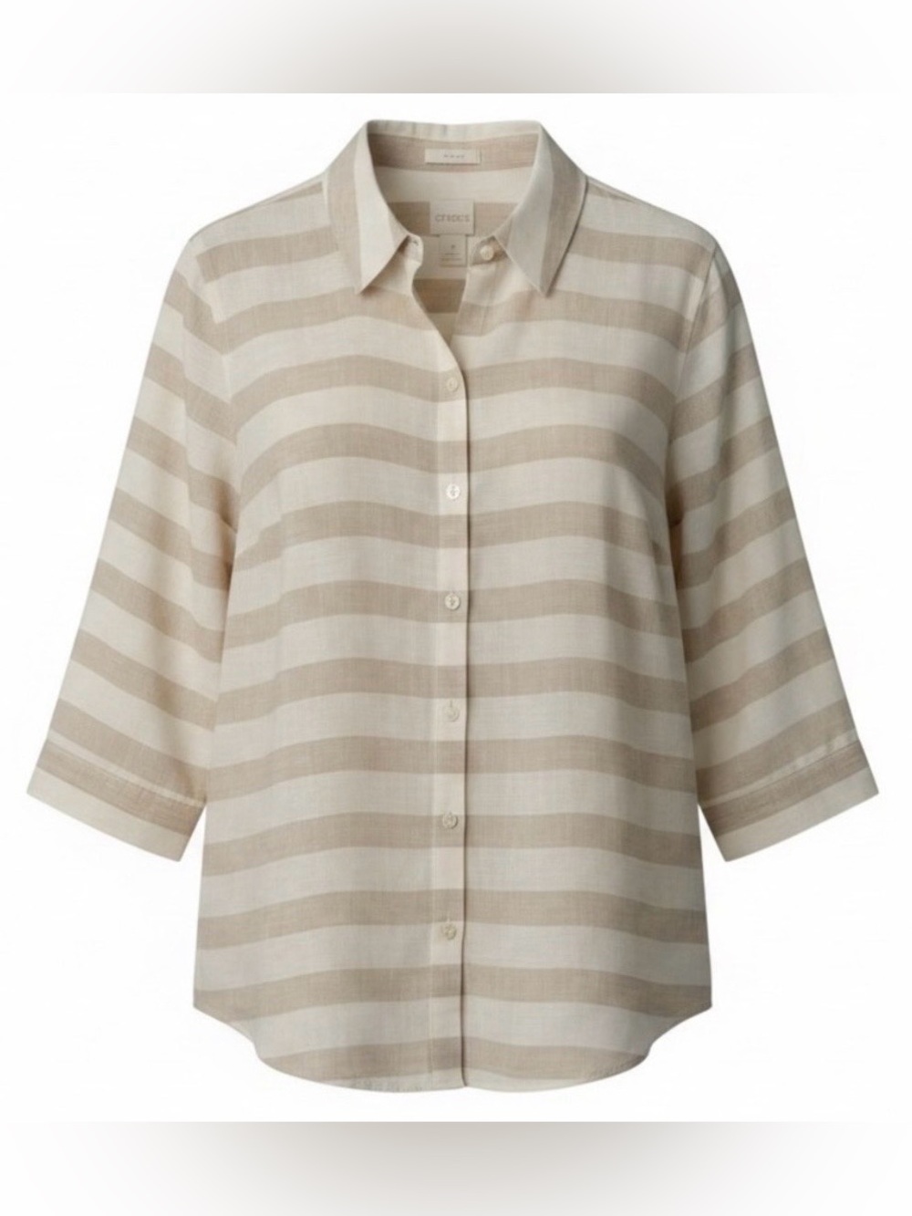 Chico’s No-Iron 100% Linen Striped Button-Up Shirt in Beige and Cream Size 2